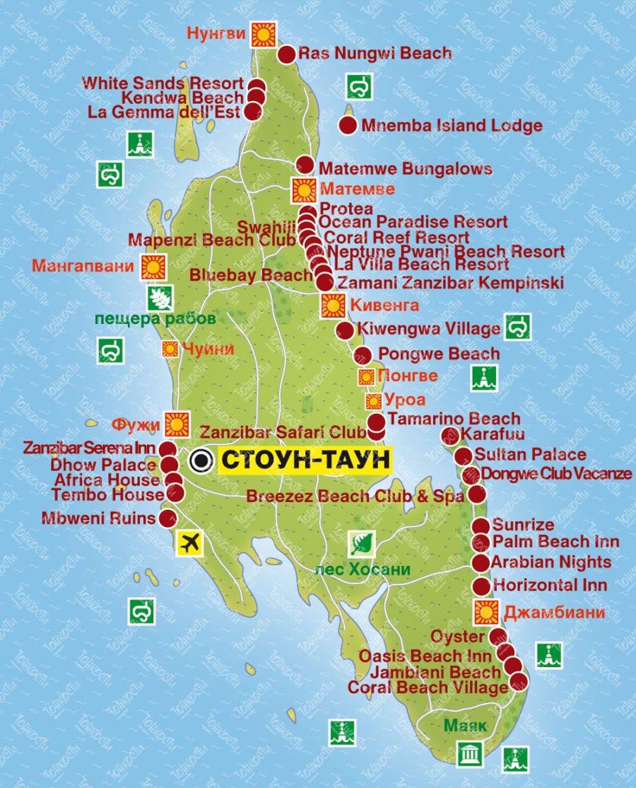 Пляжи и отели Занзибара без отливов: на карте, описание